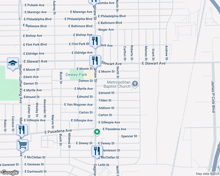 map of restaurants, bars, coffee shops, grocery stores, and more near 3937 North Street in Flint