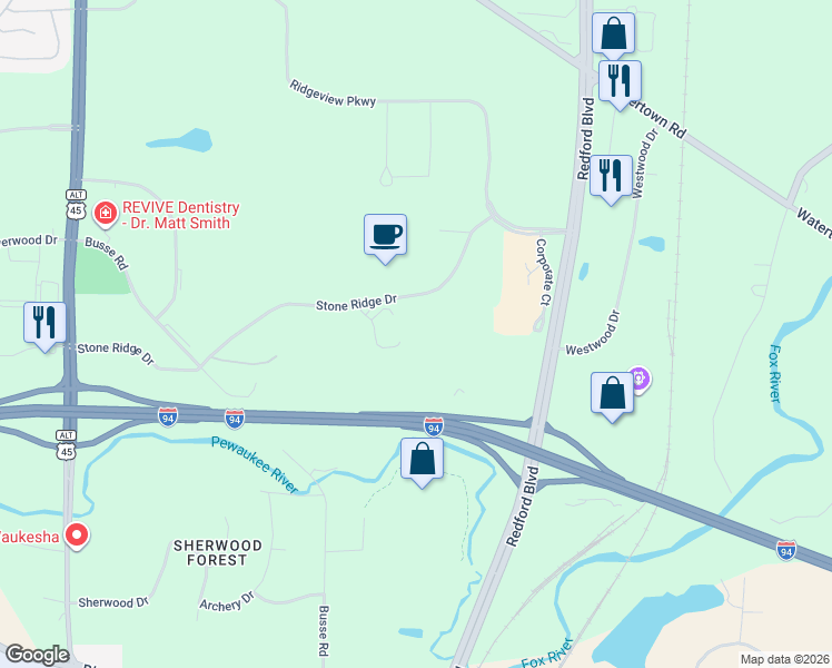 map of restaurants, bars, coffee shops, grocery stores, and more near N16 W23377 Stone Ridge Drive in Waukesha