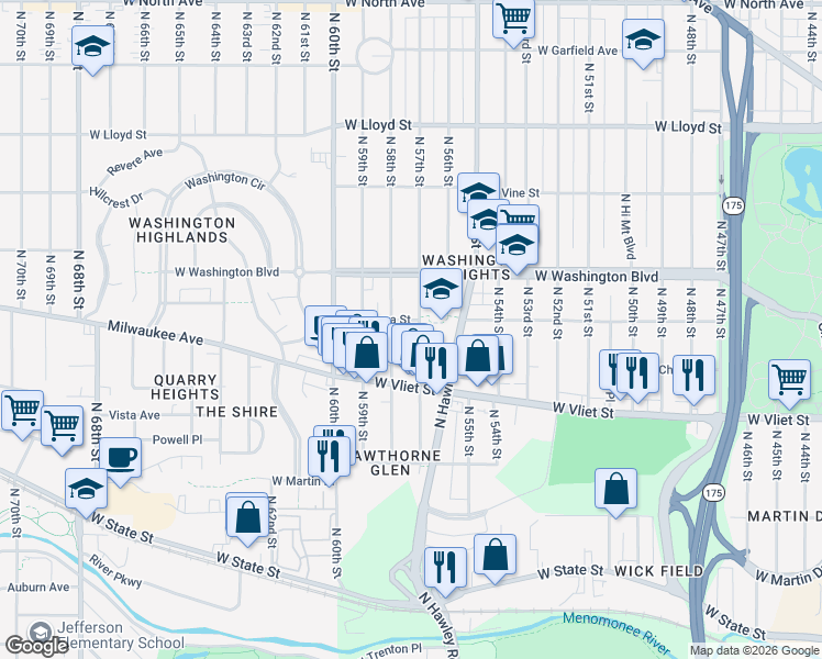 map of restaurants, bars, coffee shops, grocery stores, and more near 1549 North 57th Street in Milwaukee