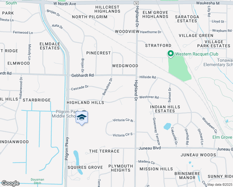 map of restaurants, bars, coffee shops, grocery stores, and more near 15055 Cascade Drive in Elm Grove