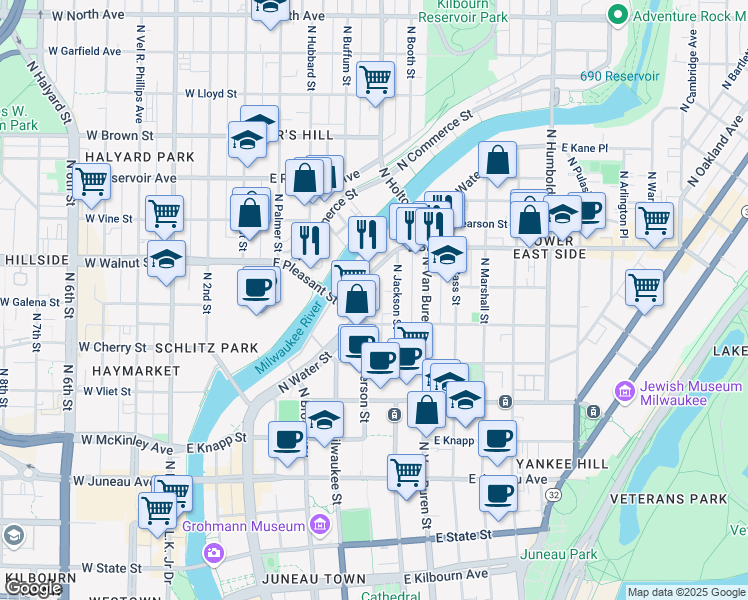 map of restaurants, bars, coffee shops, grocery stores, and more near 1632 North Water Street in Milwaukee