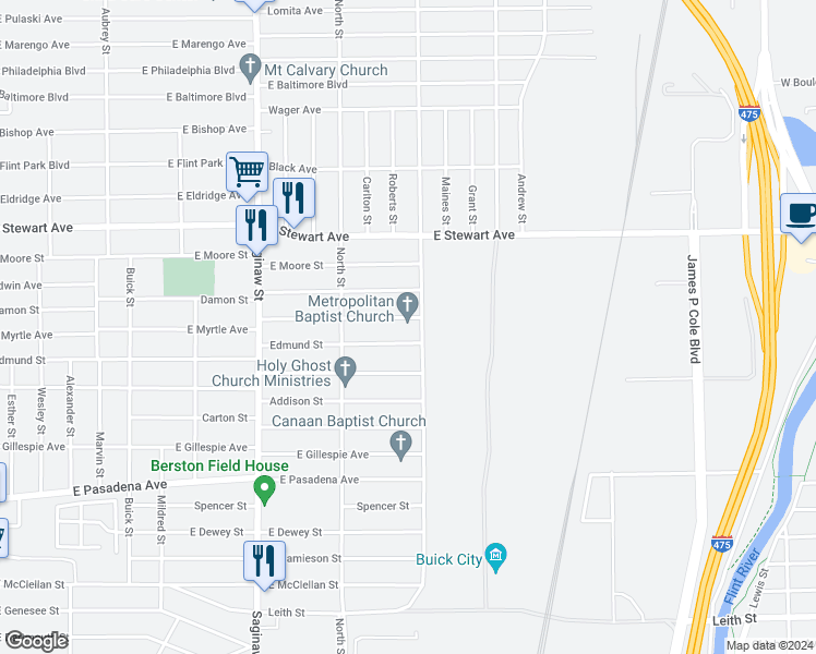map of restaurants, bars, coffee shops, grocery stores, and more near 930 East Myrtle Avenue in Flint