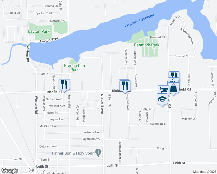 map of restaurants, bars, coffee shops, grocery stores, and more near 3281 Richfield Road in Flint