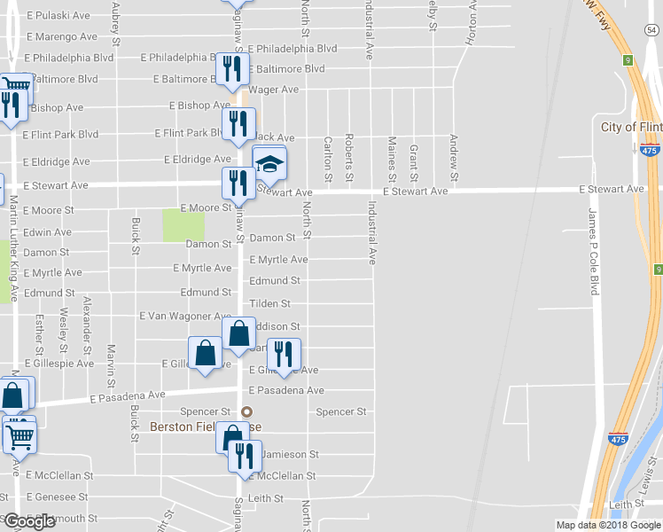 map of restaurants, bars, coffee shops, grocery stores, and more near 824 East Myrtle Avenue in Flint