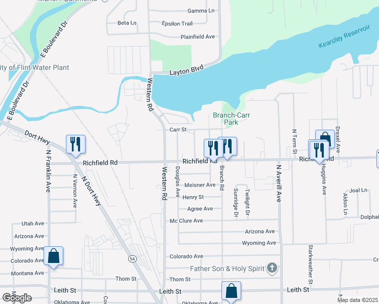 map of restaurants, bars, coffee shops, grocery stores, and more near 4123 Neebish Street in Flint