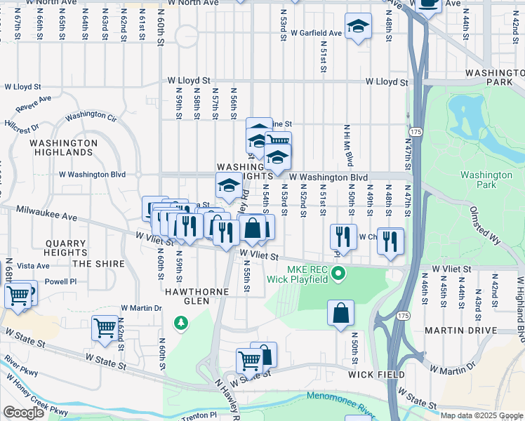 map of restaurants, bars, coffee shops, grocery stores, and more near 5329 West Galena Street in Milwaukee