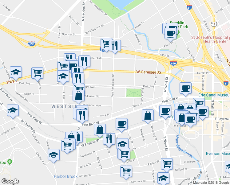 map of restaurants, bars, coffee shops, grocery stores, and more near 204 Van Rensselaer Street in Syracuse