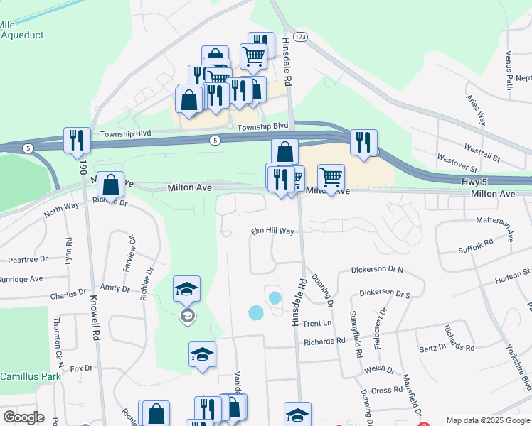 map of restaurants, bars, coffee shops, grocery stores, and more near 800 Eagle Lane in Camillus