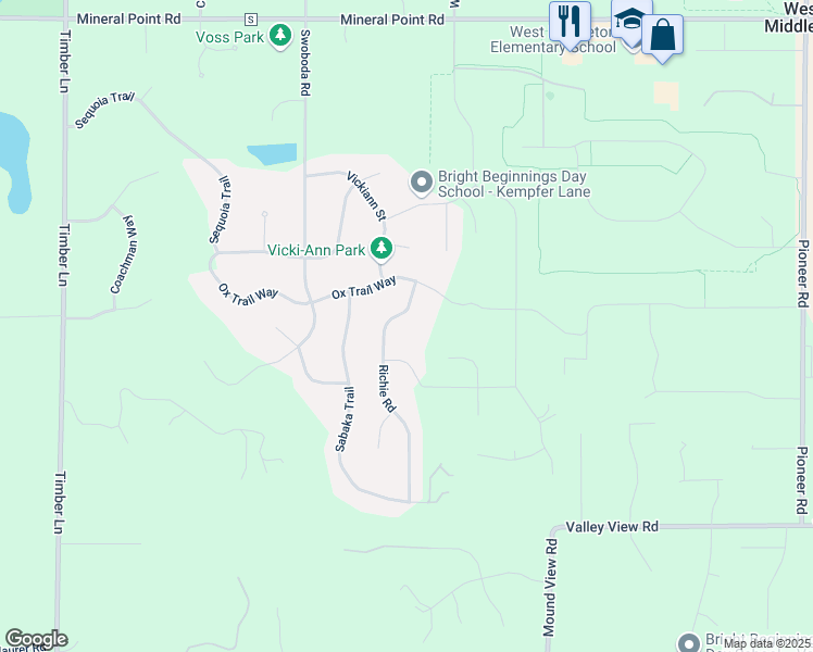 map of restaurants, bars, coffee shops, grocery stores, and more near 3600 Richie Rd in Verona
