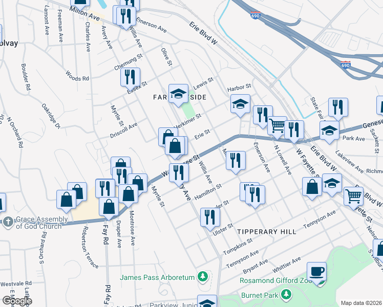 map of restaurants, bars, coffee shops, grocery stores, and more near 1802 West Genesee Street in Syracuse