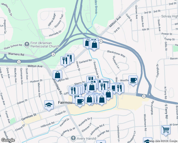 map of restaurants, bars, coffee shops, grocery stores, and more near 315 Myron Road in Syracuse