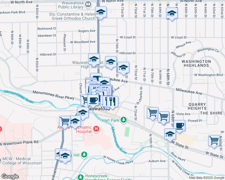 map of restaurants, bars, coffee shops, grocery stores, and more near in Wauwatosa
