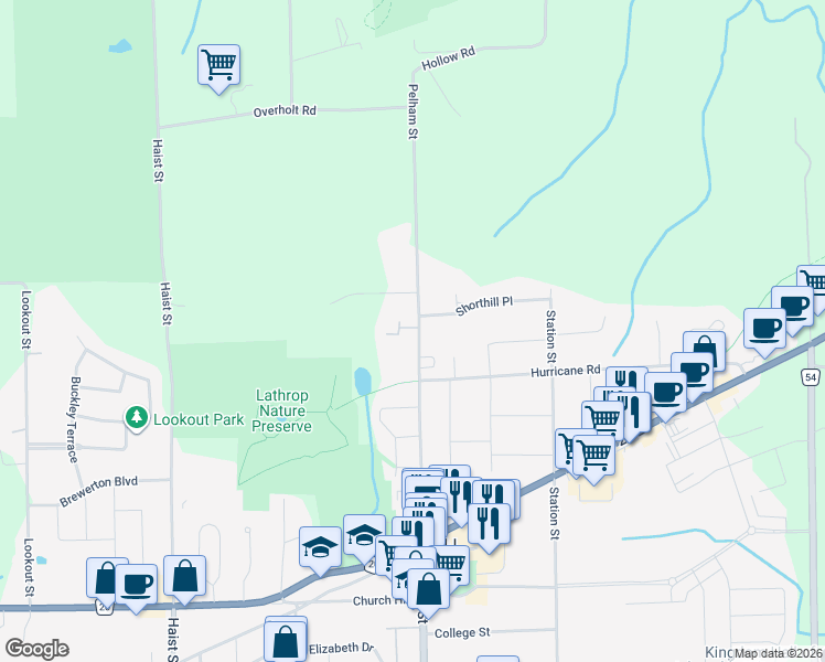 map of restaurants, bars, coffee shops, grocery stores, and more near 1616 Pelham Street in Pelham