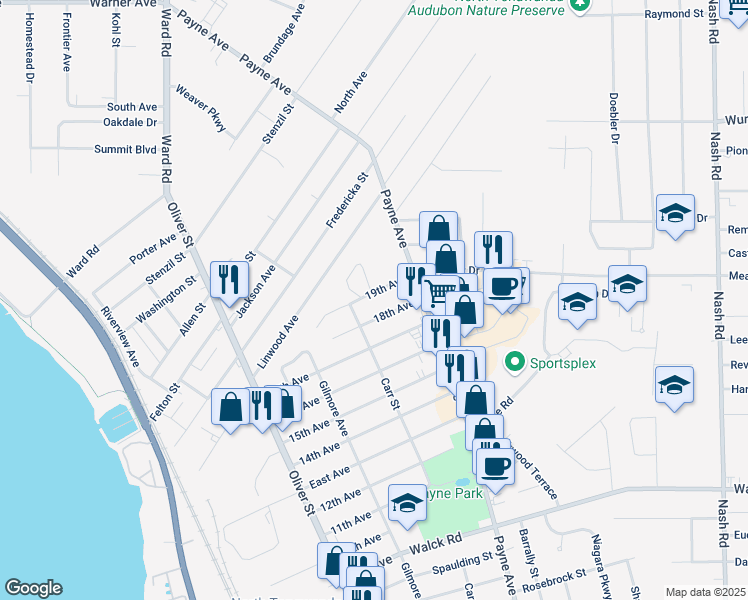 map of restaurants, bars, coffee shops, grocery stores, and more near 161 19th Avenue in North Tonawanda