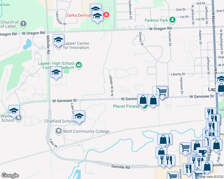 map of restaurants, bars, coffee shops, grocery stores, and more near 930 Village West Drive North in Lapeer