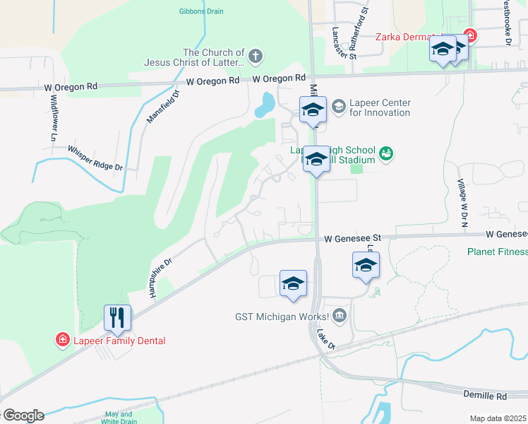 map of restaurants, bars, coffee shops, grocery stores, and more near 634 Eastway Circle in Lapeer