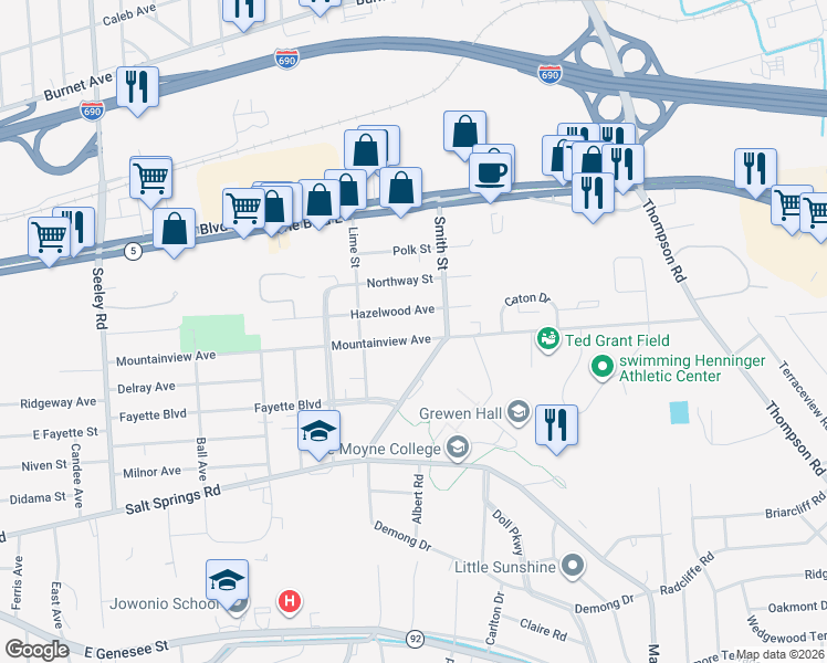 map of restaurants, bars, coffee shops, grocery stores, and more near 703 Mountainview Avenue in Syracuse