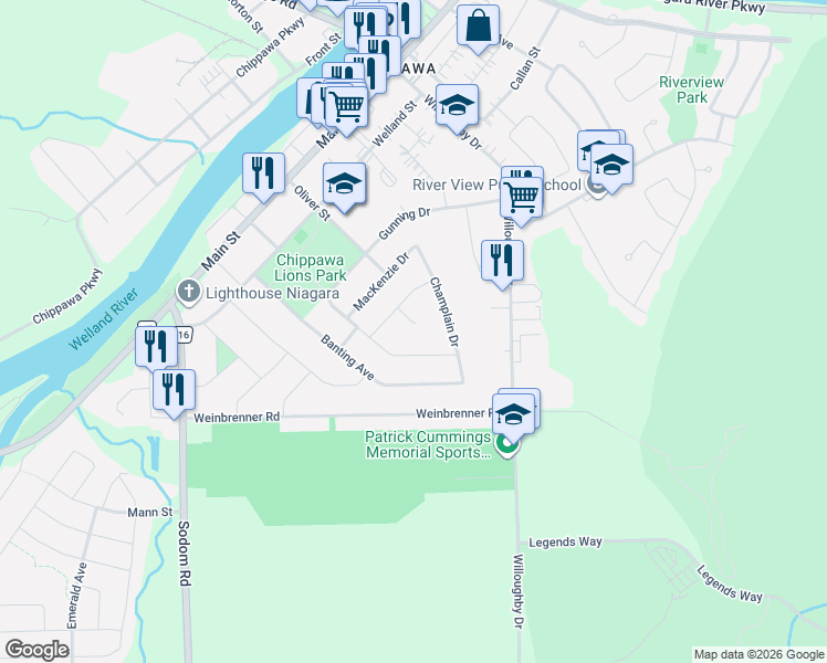 map of restaurants, bars, coffee shops, grocery stores, and more near 8735 Howe Crescent in Niagara Falls