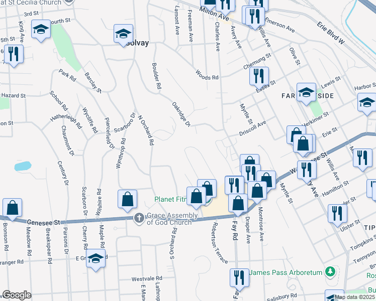 map of restaurants, bars, coffee shops, grocery stores, and more near 32 Heritage Circle in Solvay