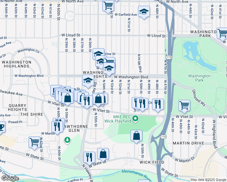 map of restaurants, bars, coffee shops, grocery stores, and more near 1548 North 53rd Street in Milwaukee