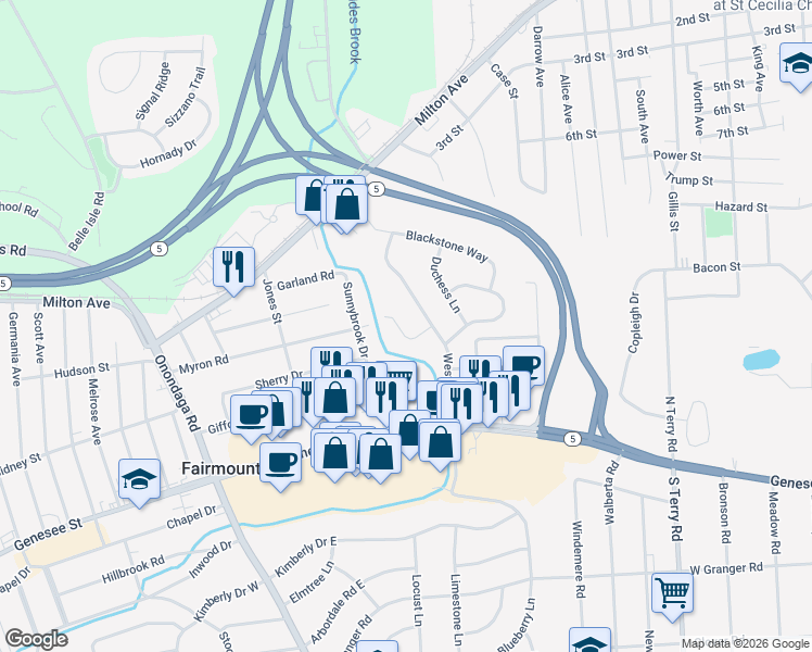 map of restaurants, bars, coffee shops, grocery stores, and more near 104 Olin Drive in Syracuse