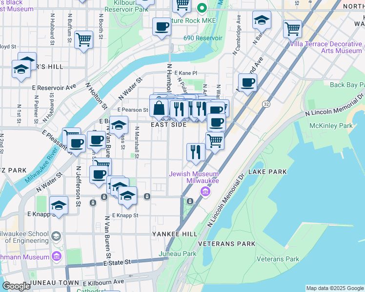 map of restaurants, bars, coffee shops, grocery stores, and more near 1637 North Franklin Place in Milwaukee
