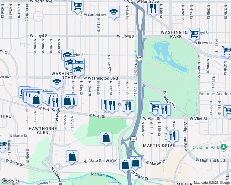 map of restaurants, bars, coffee shops, grocery stores, and more near 4903 West Galena Street in Milwaukee