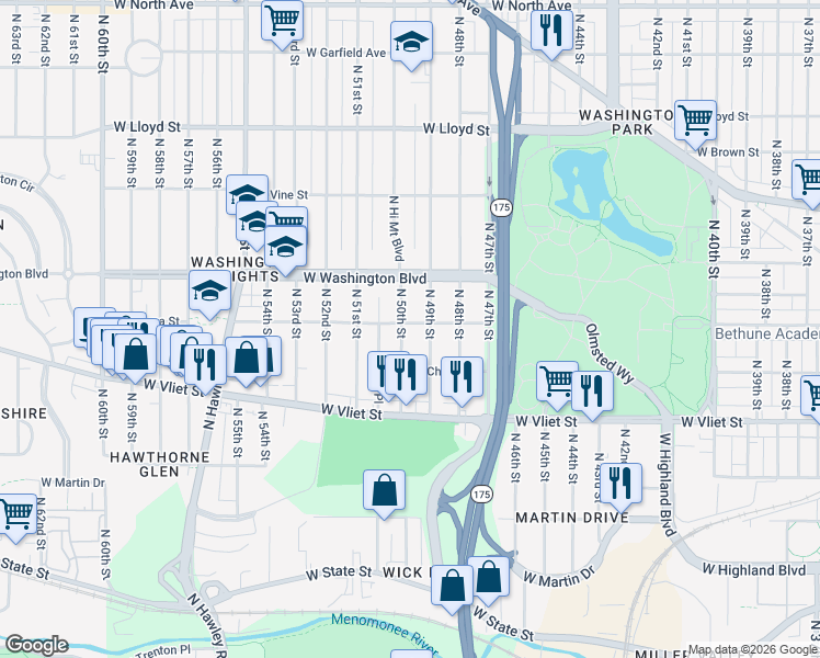 map of restaurants, bars, coffee shops, grocery stores, and more near 4903 West Galena Street in Milwaukee