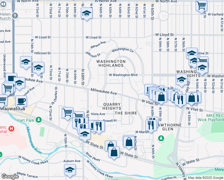 map of restaurants, bars, coffee shops, grocery stores, and more near 6434 Milwaukee Avenue in Wauwatosa