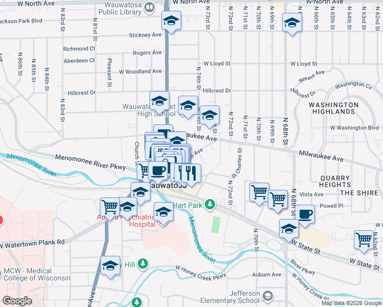map of restaurants, bars, coffee shops, grocery stores, and more near in Wauwatosa