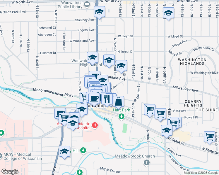 map of restaurants, bars, coffee shops, grocery stores, and more near in Wauwatosa