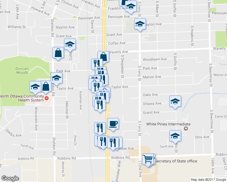map of restaurants, bars, coffee shops, grocery stores, and more near 1010 South Beacon Boulevard in Grand Haven