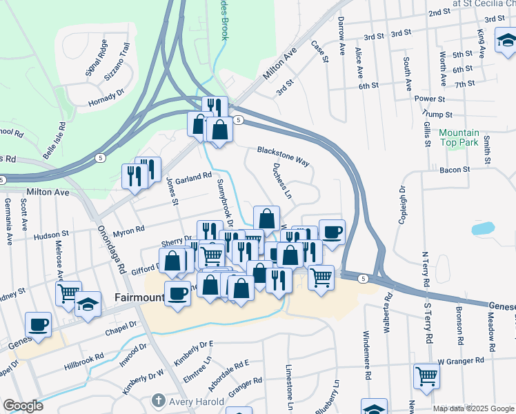 map of restaurants, bars, coffee shops, grocery stores, and more near 104 Olin Drive in Syracuse