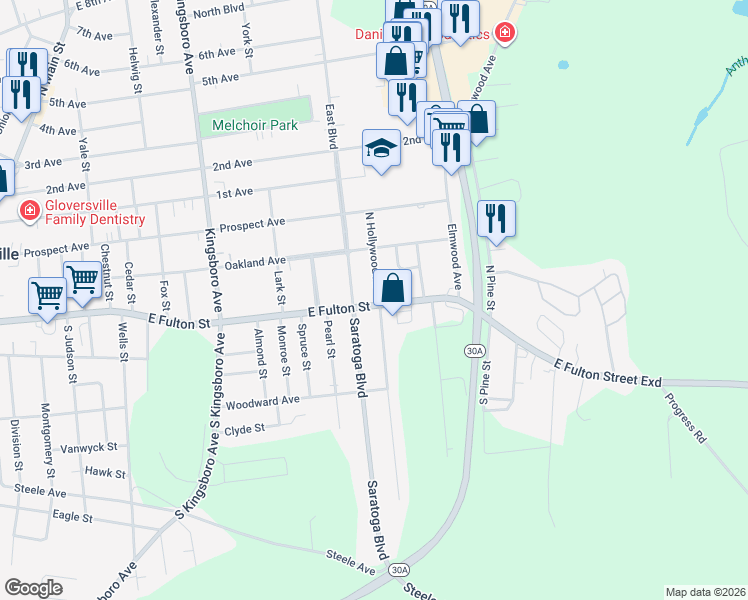 map of restaurants, bars, coffee shops, grocery stores, and more near 1 North Hollywood Avenue in Gloversville
