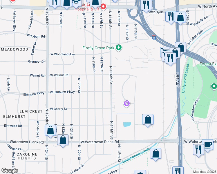 map of restaurants, bars, coffee shops, grocery stores, and more near 1617 North 116th Street in Milwaukee