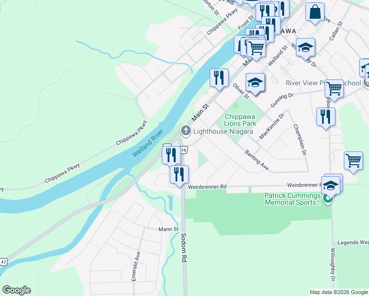 map of restaurants, bars, coffee shops, grocery stores, and more near 8718 Regional Road 116 in Niagara Falls