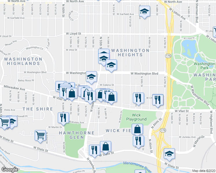 map of restaurants, bars, coffee shops, grocery stores, and more near 5329 West Galena Street in Milwaukee