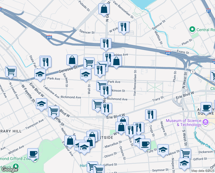 map of restaurants, bars, coffee shops, grocery stores, and more near 306 North Geddes Street in Syracuse
