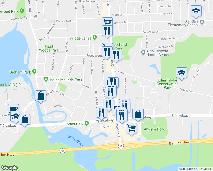 map of restaurants, bars, coffee shops, grocery stores, and more near 6106 Eastgate Road in Monona