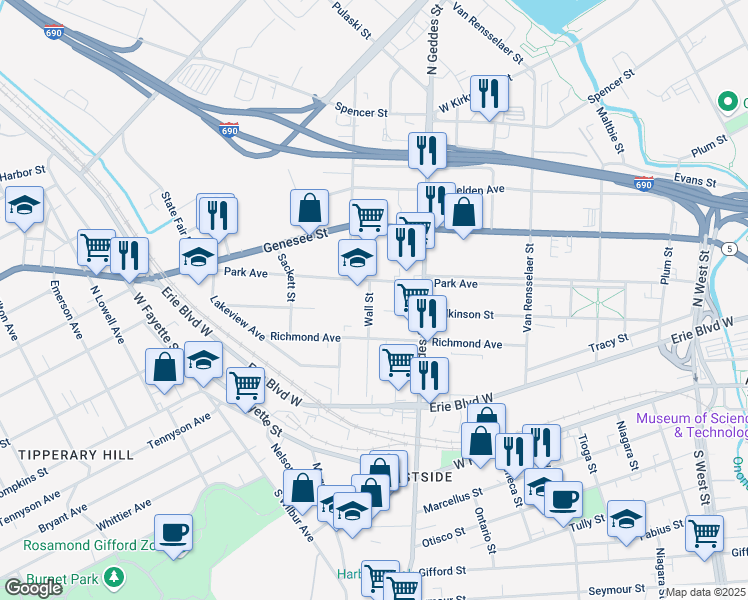 map of restaurants, bars, coffee shops, grocery stores, and more near 226 Wall Street in Syracuse