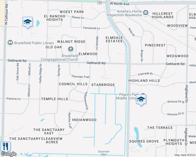 map of restaurants, bars, coffee shops, grocery stores, and more near 16005 Choctaw Trail in Brookfield