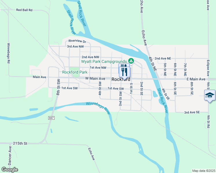 map of restaurants, bars, coffee shops, grocery stores, and more near 26 3rd St SW in Rockford