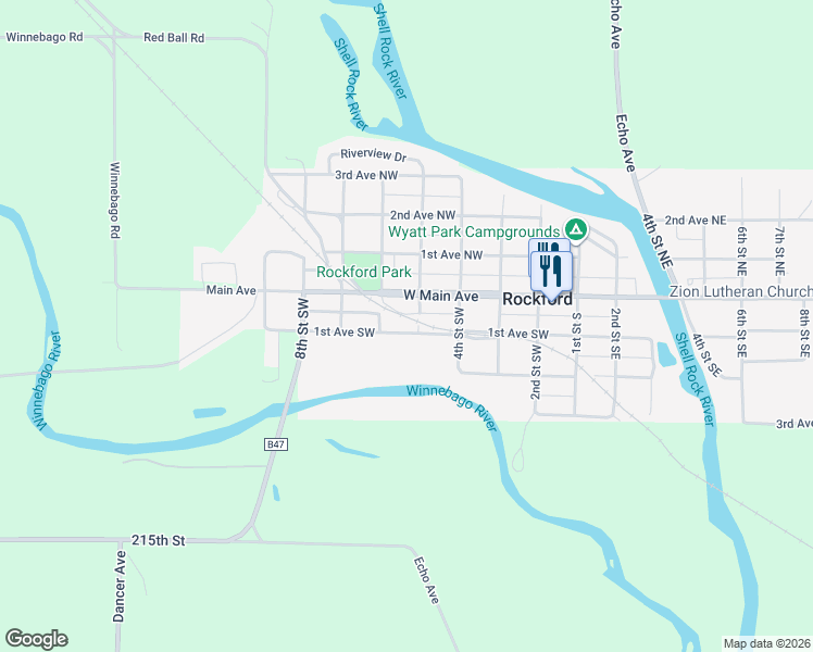 map of restaurants, bars, coffee shops, grocery stores, and more near 504 1st Avenue Southwest in Rockford
