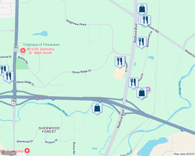map of restaurants, bars, coffee shops, grocery stores, and more near Stone Ridge Drive in Waukesha
