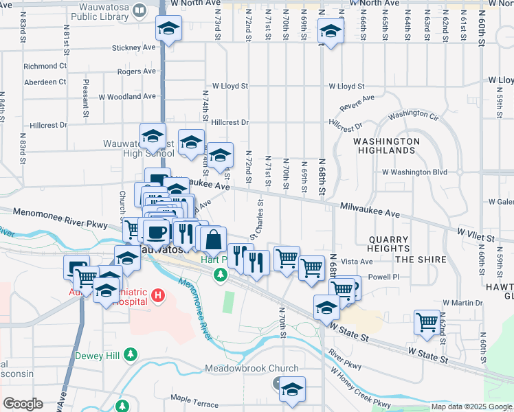 map of restaurants, bars, coffee shops, grocery stores, and more near 1529 Saint Charles Street in Wauwatosa