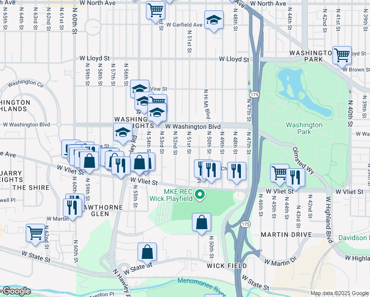 map of restaurants, bars, coffee shops, grocery stores, and more near 1559 North 51st Street in Milwaukee
