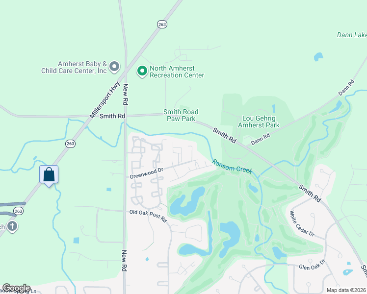 map of restaurants, bars, coffee shops, grocery stores, and more near 6 Southcreek Court in East Amherst