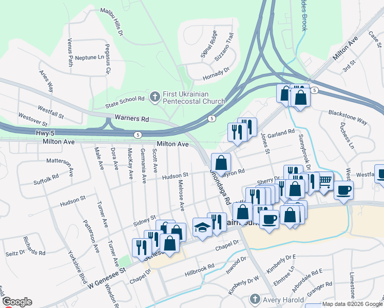 map of restaurants, bars, coffee shops, grocery stores, and more near 3423 Milton Avenue in Syracuse