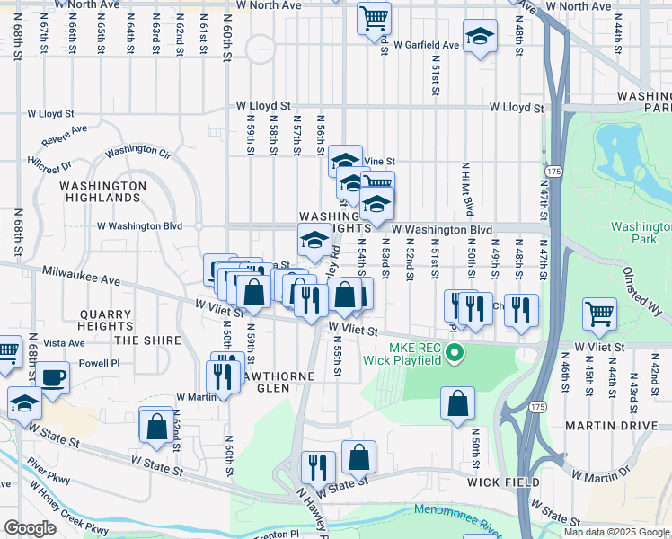map of restaurants, bars, coffee shops, grocery stores, and more near 5441 West Galena Street in Milwaukee