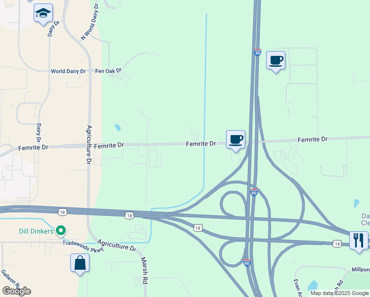 map of restaurants, bars, coffee shops, grocery stores, and more near 5571 Femrite Drive in Madison